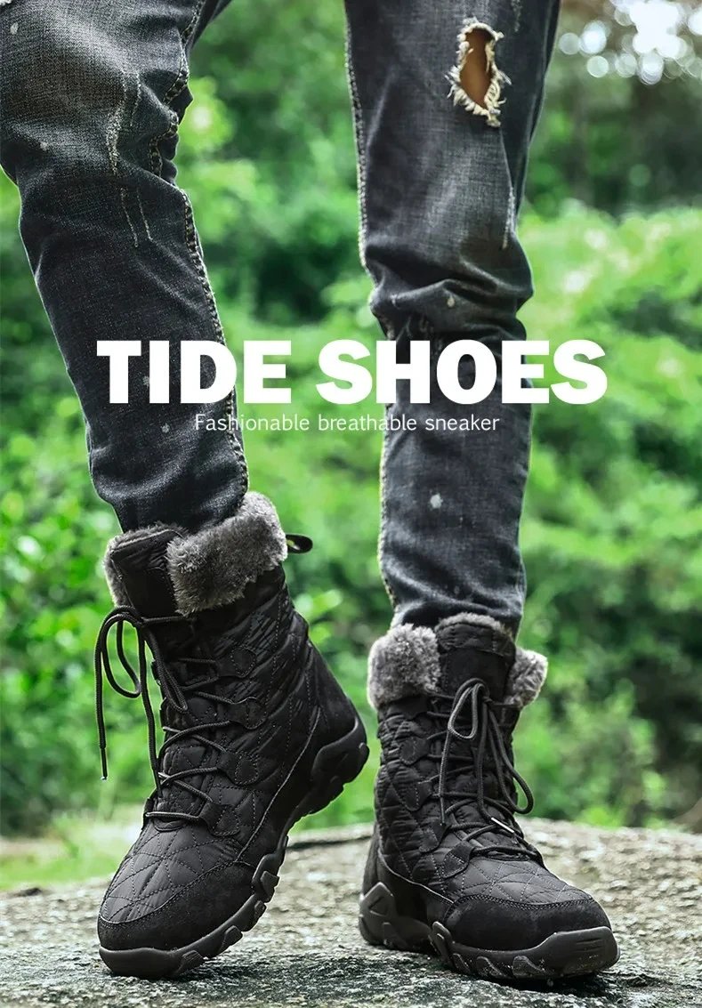 New Winter Men Snow Boots Fur Plush Warm Men Ankle Boots Plus Size Waterproof Men Boots Outdoor Non-Slip Hiking Boots Work Shoes