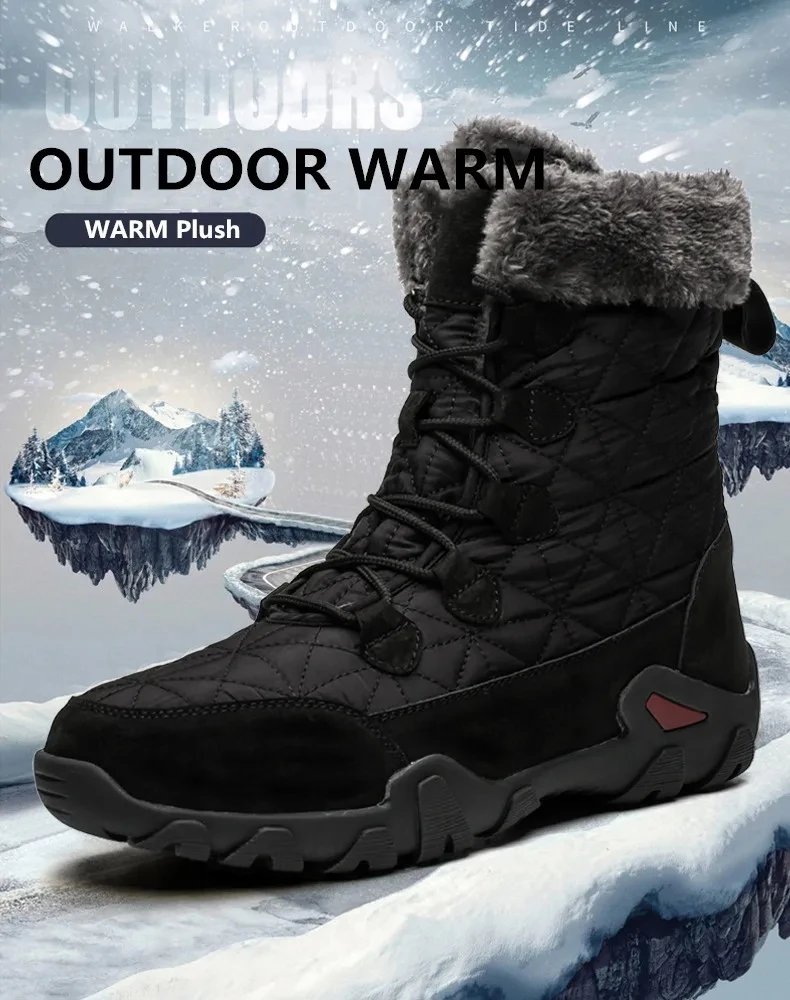 New Winter Men Snow Boots Fur Plush Warm Men Ankle Boots Plus Size Waterproof Men Boots Outdoor Non-Slip Hiking Boots Work Shoes