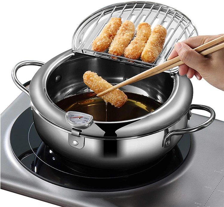 LMETJMA Japanese Deep Frying Pot with a Thermometer and a Lid 304 Stainless Steel Kitchen Tempura Fryer Pan 20 24 cm KC0405