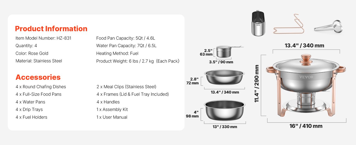 VEVOR 4 Pack Chafing Dish Buffet Set Stainless Steel Chafer with 4 Full Size Pan Round Catering Warmer Server for Party Banquets