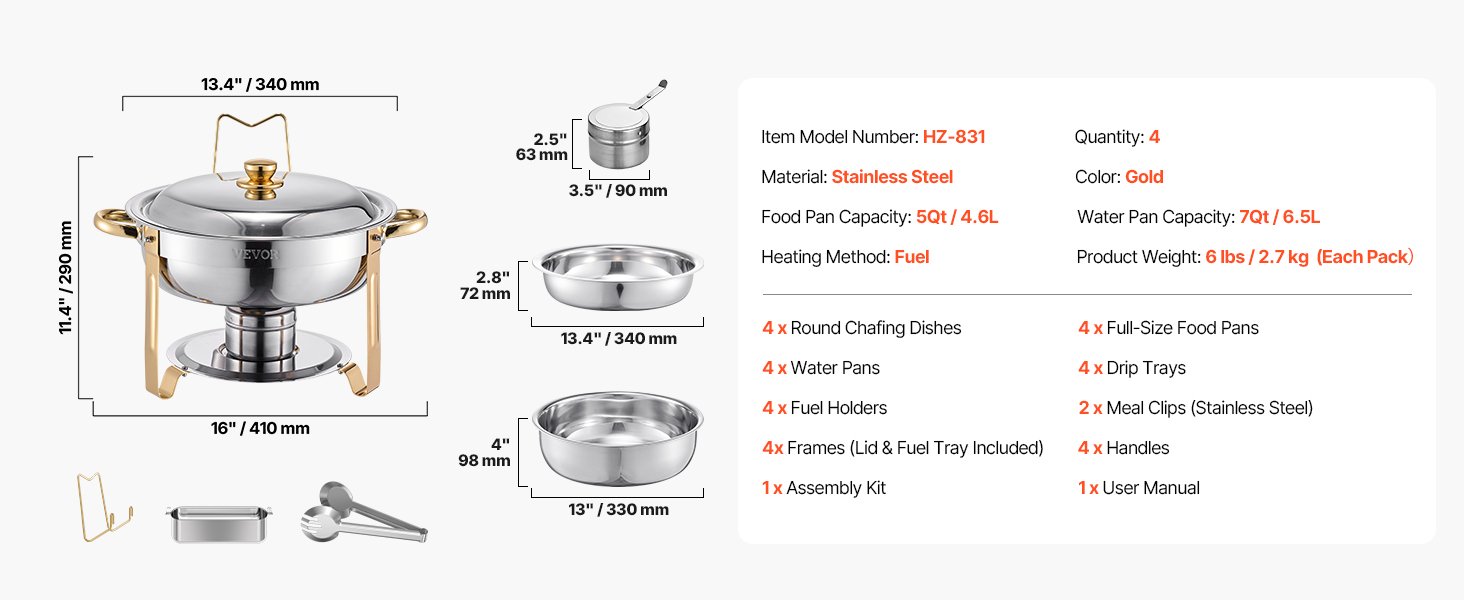 VEVOR 4 Pack Chafing Dish Buffet Set Stainless Steel Chafer with 4 Full Size Pan Round Catering Warmer Server for Party Banquets